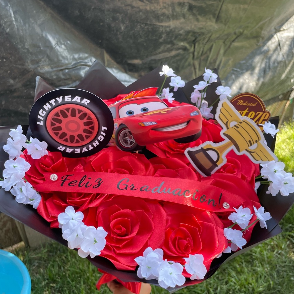 Red Graduation Bouquet with Cars Theme